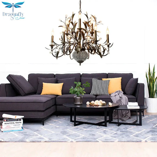 Black Spur Chandelier Lamp Modernism Crystal 9 Heads Pendant Lighting Fixture With Metal Leaf