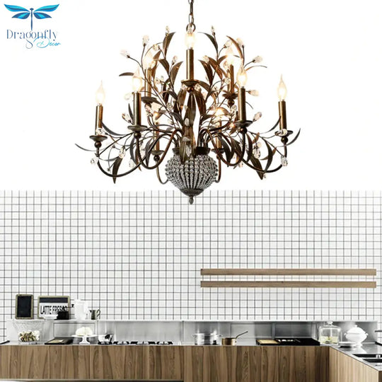 Black Spur Chandelier Lamp Modernism Crystal 9 Heads Pendant Lighting Fixture With Metal Leaf