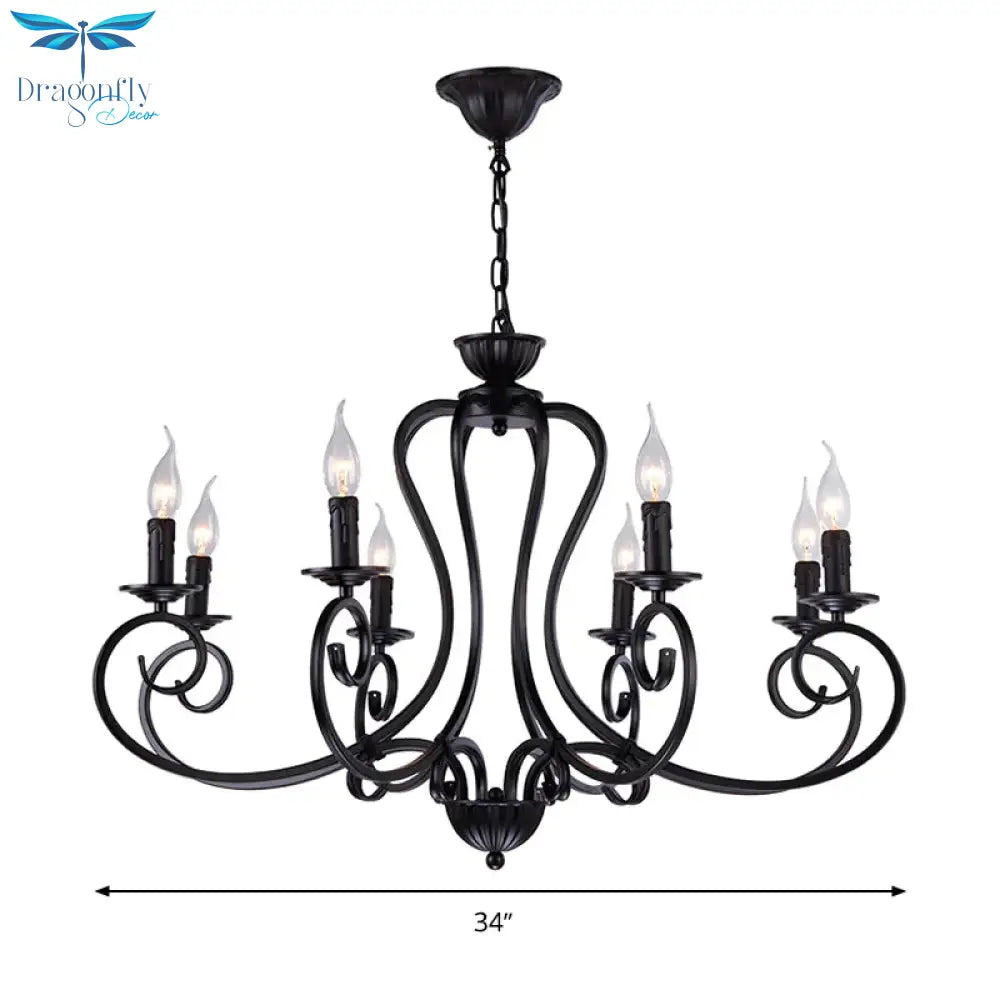 Black Swirled Arm Cahndelier Lamp Vintage Metal 8 Lights Bedroom Hanging Pendant Light