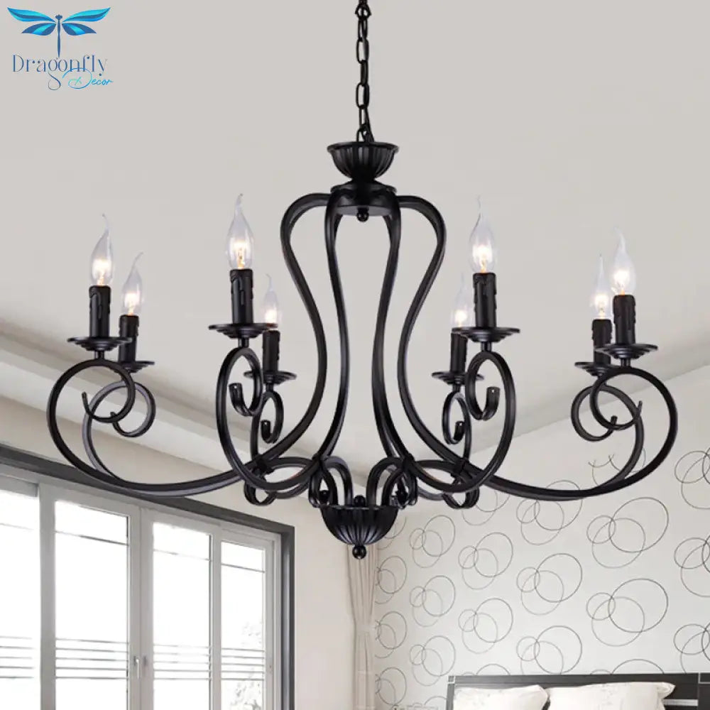 Black Swirled Arm Cahndelier Lamp Vintage Metal 8 Lights Bedroom Hanging Pendant Light