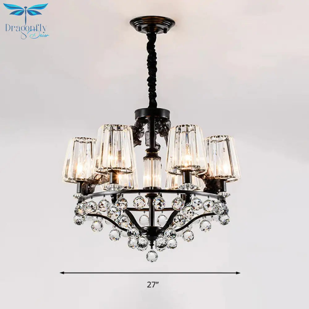 Black Tapered Chandelier Pendant Light Traditional Crystal Block 3/6 Heads Bedroom Hanging Ceiling