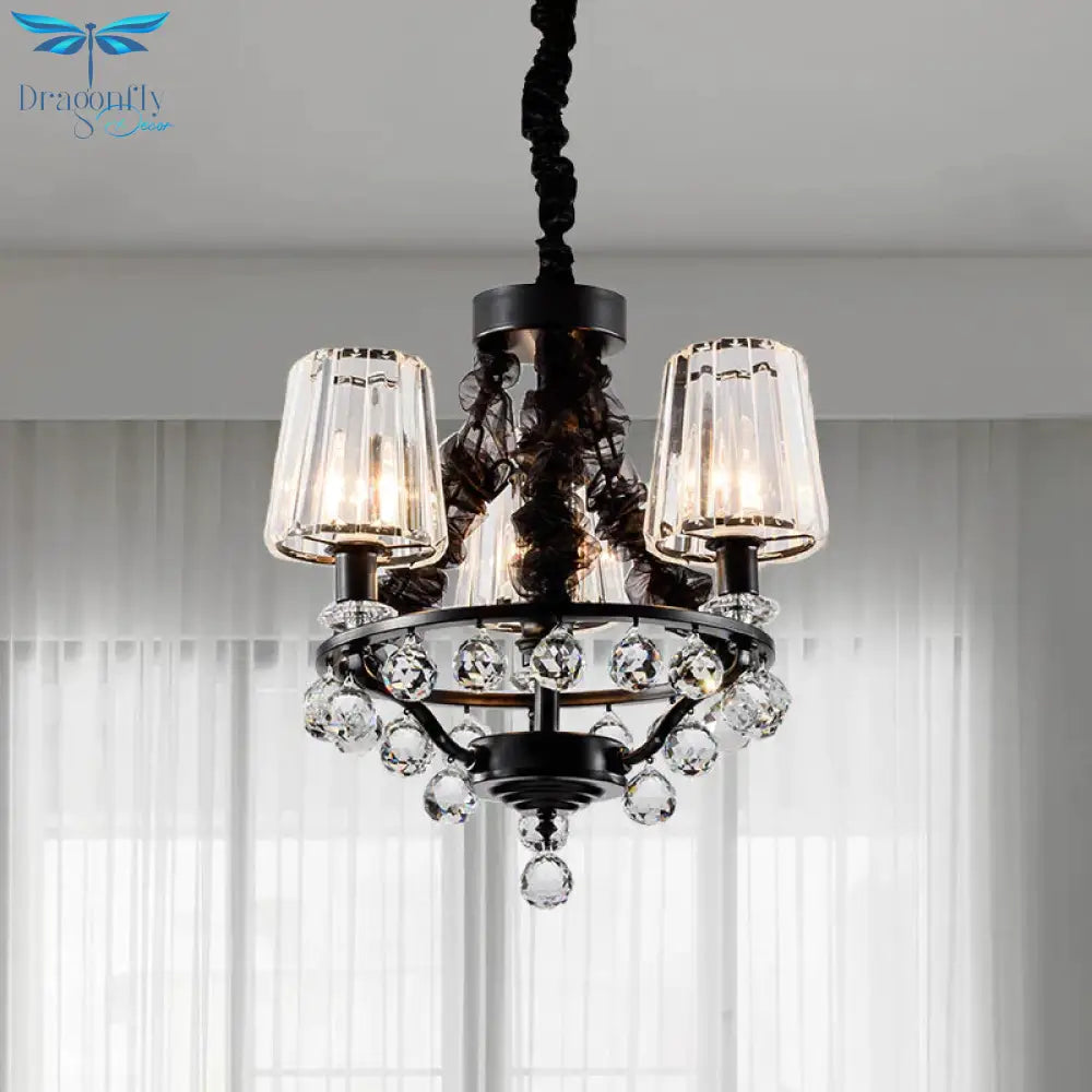 Black Tapered Chandelier Pendant Light Traditional Crystal Block 3/6 Heads Bedroom Hanging Ceiling