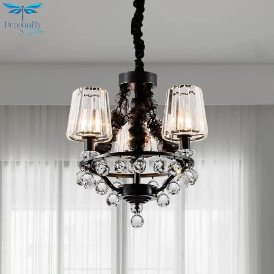 Black Tapered Chandelier Pendant Light Traditional Crystal Block 3/6 Heads Bedroom Hanging Ceiling