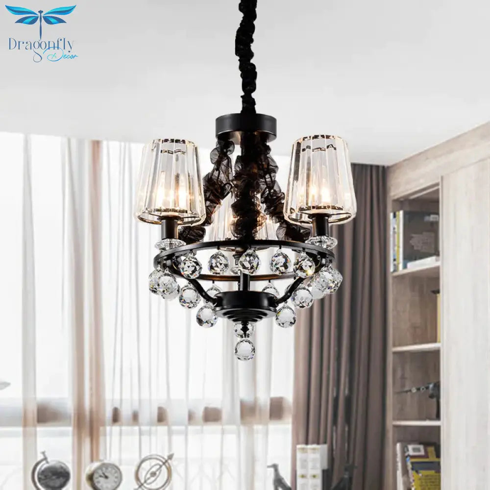 Black Tapered Chandelier Pendant Light Traditional Crystal Block 3/6 Heads Bedroom Hanging Ceiling