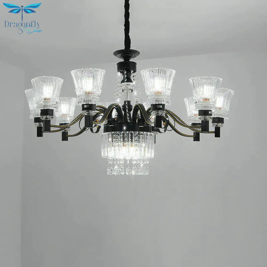 Black Tapered Hanging Ceiling Light Traditional Crystal Stands 13 Heads Great Room Chandelier