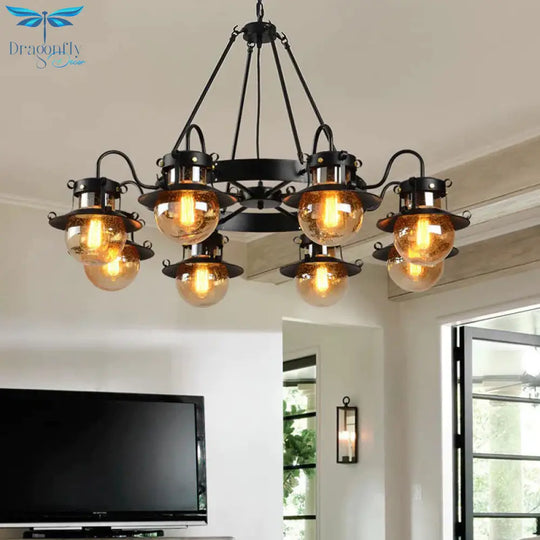 Black Wheel Chandelier Classic Metallic 3/6/8 - Head Living Room Pendant Light Fixture With Globe
