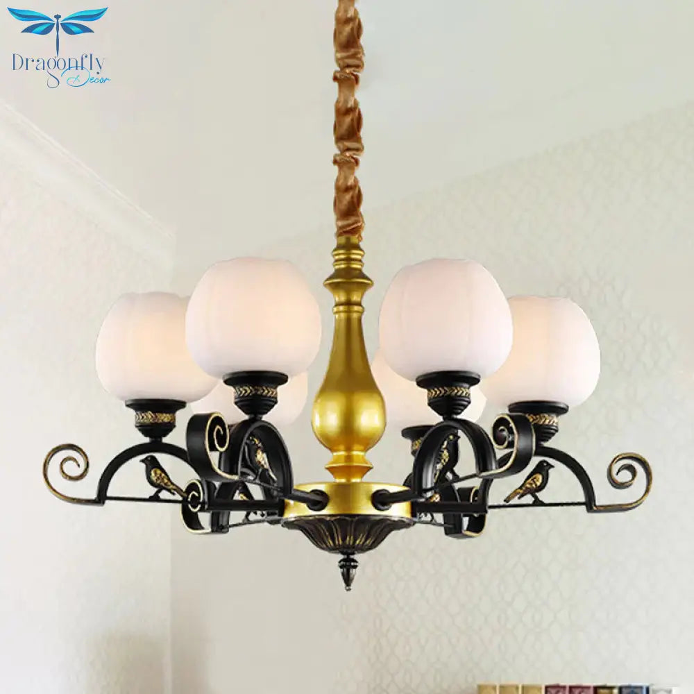 Bloom Study Pendant Chandelier Retro Opal Glass 6 - Light Black And Gold Ceiling Light With Bird
