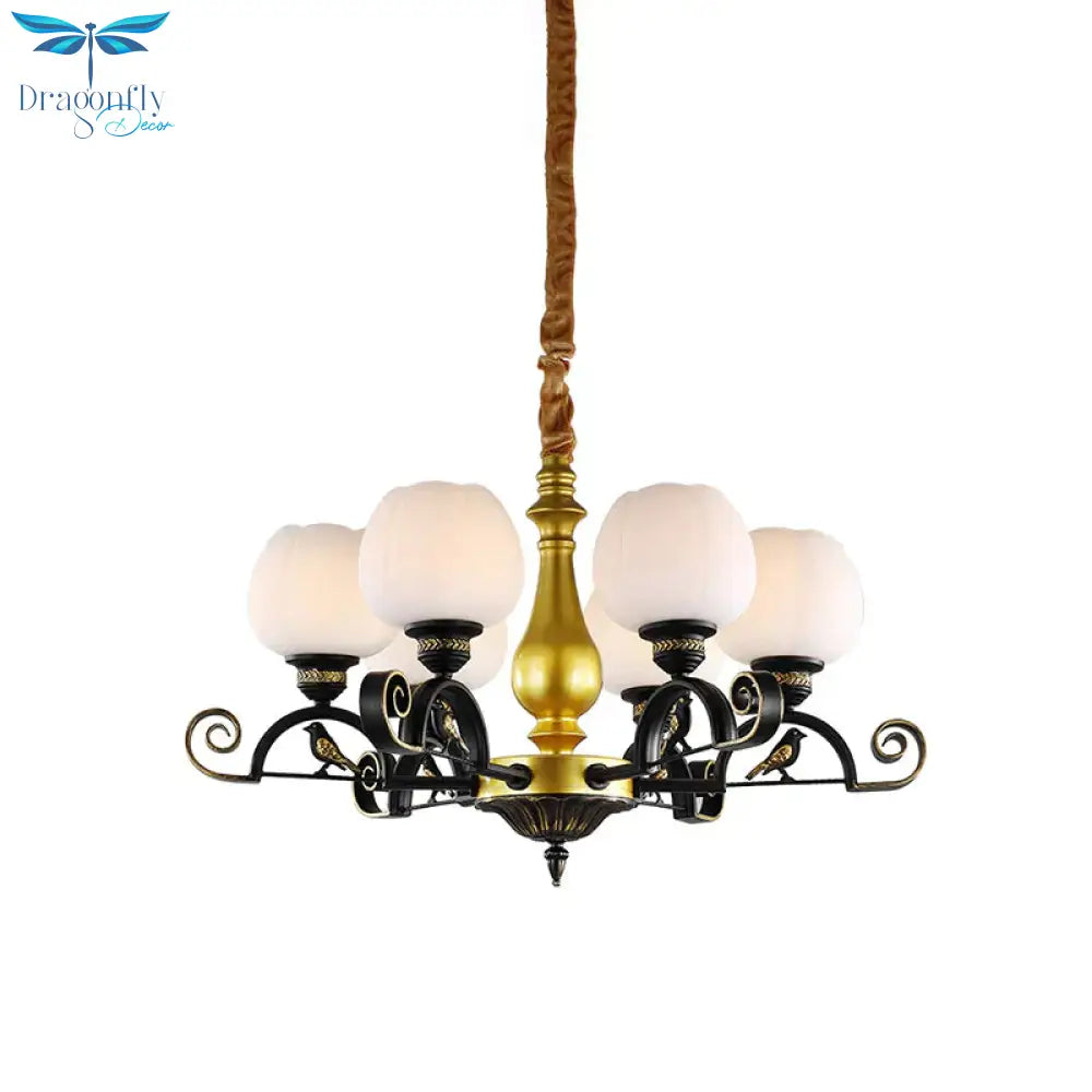 Bloom Study Pendant Chandelier Retro Opal Glass 6 - Light Black And Gold Ceiling Light With Bird