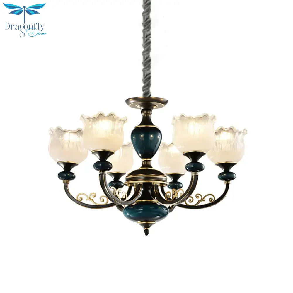 Blossom Living Room Pendulum Light Classic Clear Ribbed Glass 3/6 Lights Black And Blue Chandelier