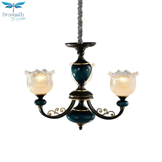 Blossom Living Room Pendulum Light Classic Clear Ribbed Glass 3/6 Lights Black And Blue Chandelier