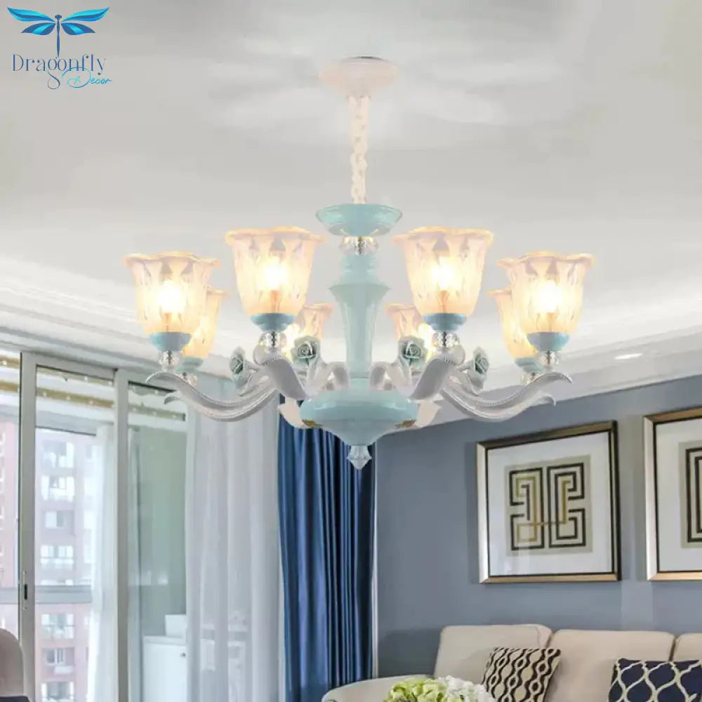 Blue 6/8 Lights Hanging Light Kit Rustic Metal Starburst Chandelier With Glass Shade