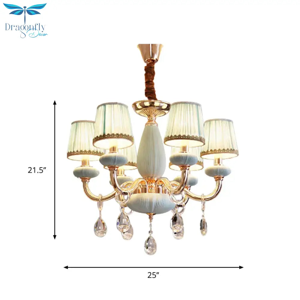 Blue Barrel Ceiling Light Traditionalist Fabric 6 - Bulb Bedroom Hanging Chandelier With Crystal