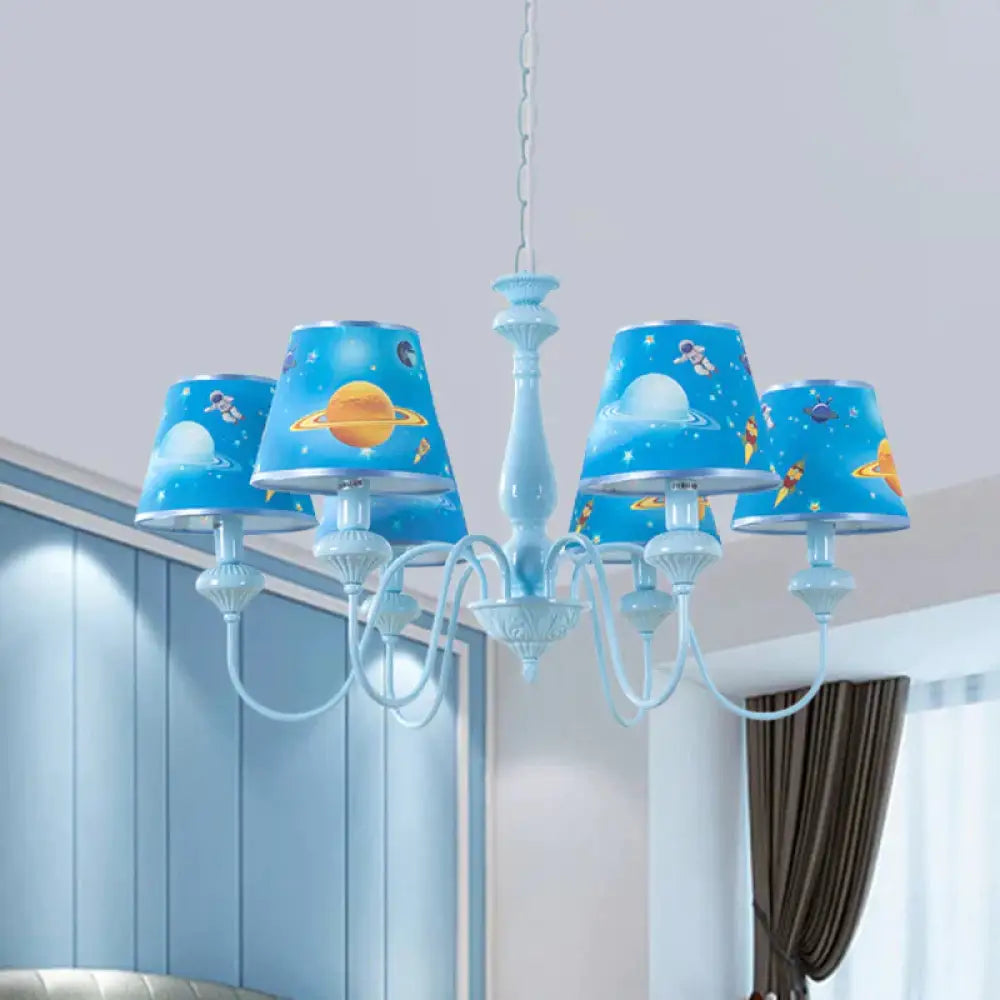Blue Barrel Chandelier Light Mediterranean 5/6 Bulbs Fabric Ceiling Hang Fixture With Universe