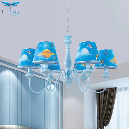 Blue Barrel Chandelier Light Mediterranean 5/6 Bulbs Fabric Ceiling Hang Fixture With Universe