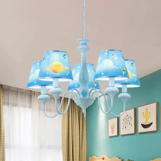 Blue Barrel Chandelier Light Mediterranean 5/6 Bulbs Fabric Ceiling Hang Fixture With Universe