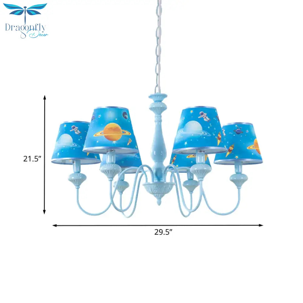 Blue Barrel Chandelier Light Mediterranean 5/6 Bulbs Fabric Ceiling Hang Fixture With Universe