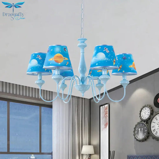 Blue Barrel Chandelier Light Mediterranean 5/6 Bulbs Fabric Ceiling Hang Fixture With Universe
