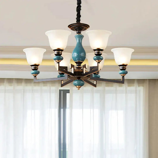 Blue - Black 3/5/6 Heads Pendulum Light Vintage Style Milky Glass Bell Shaped Hanging Chandelier 6 /