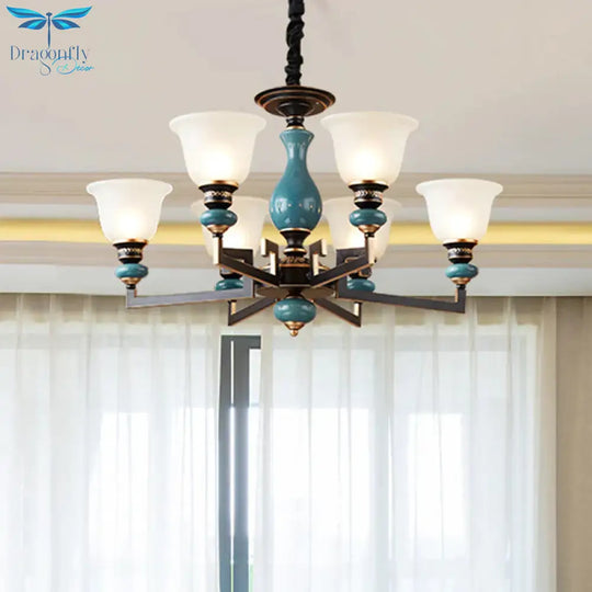 Blue - Black 3/5/6 Heads Pendulum Light Vintage Style Milky Glass Bell Shaped Hanging Chandelier