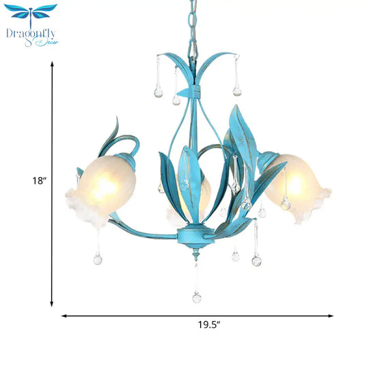 Blue Bloom Hanging Light Fixture Countryside White Prismatic Glass 3/6 Heads Restaurant Chandelier