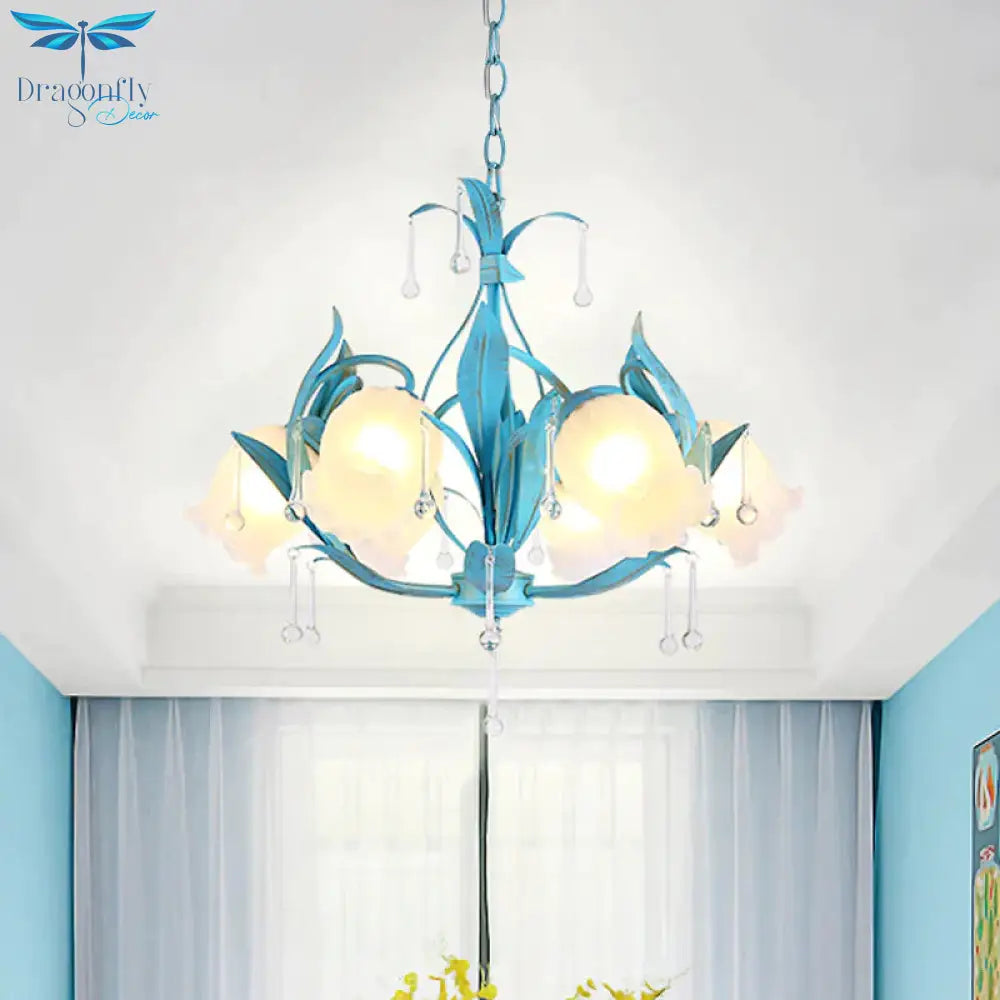 Blue Bloom Hanging Light Fixture Countryside White Prismatic Glass 3/6 Heads Restaurant Chandelier