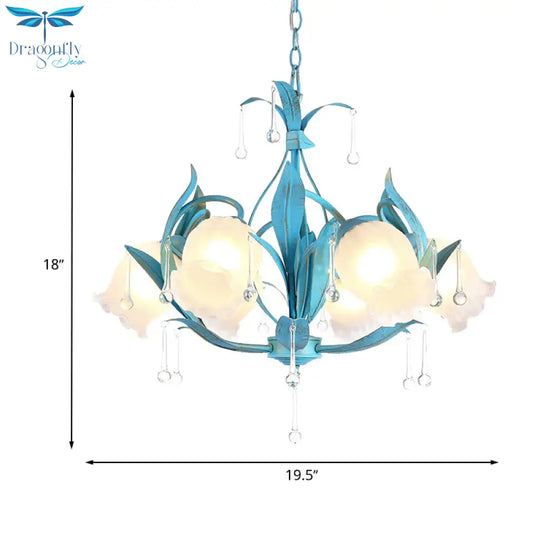 Blue Bloom Hanging Light Fixture Countryside White Prismatic Glass 3/6 Heads Restaurant Chandelier