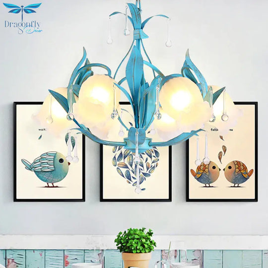 Blue Bloom Hanging Light Fixture Countryside White Prismatic Glass 3/6 Heads Restaurant Chandelier