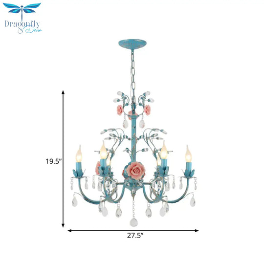 Blue Candelabra Ceiling Chandelier American Flower Iron 3/6 Heads Dining Room Pendant Light Fixture