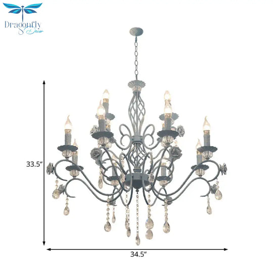 Blue Candelabra Hanging Ceiling Light Traditional Metal 12 Lights Living Room Chandelier With