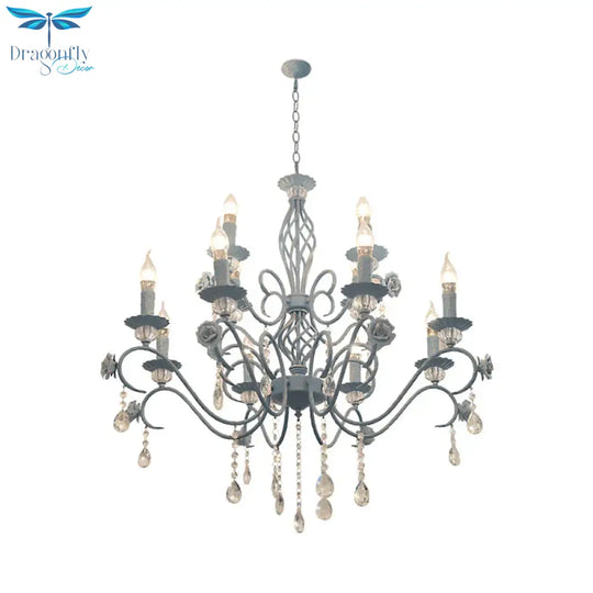 Blue Candelabra Hanging Ceiling Light Traditional Metal 12 Lights Living Room Chandelier With