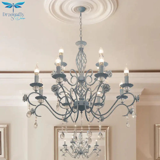 Blue Candelabra Hanging Ceiling Light Traditional Metal 12 Lights Living Room Chandelier With