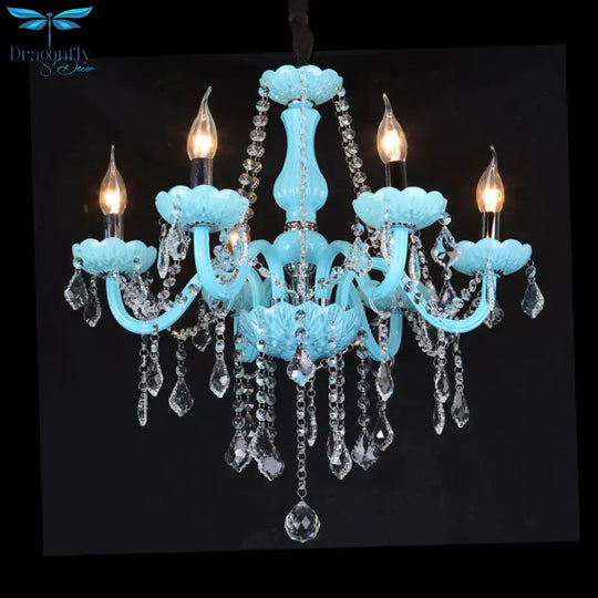 Blue Candle - Style Curved Arm Chandelier Clear Crystal Strands Ceiling Light