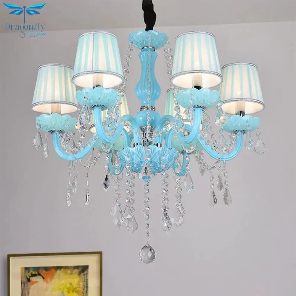 Blue Candle - Style Curved Arm Chandelier Clear Crystal Strands Ceiling Light
