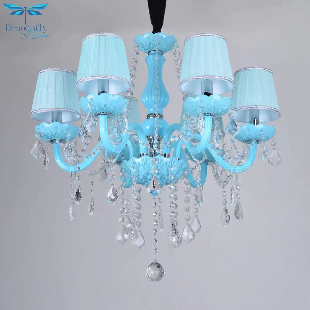 Blue Candle - Style Curved Arm Chandelier Clear Crystal Strands Ceiling Light
