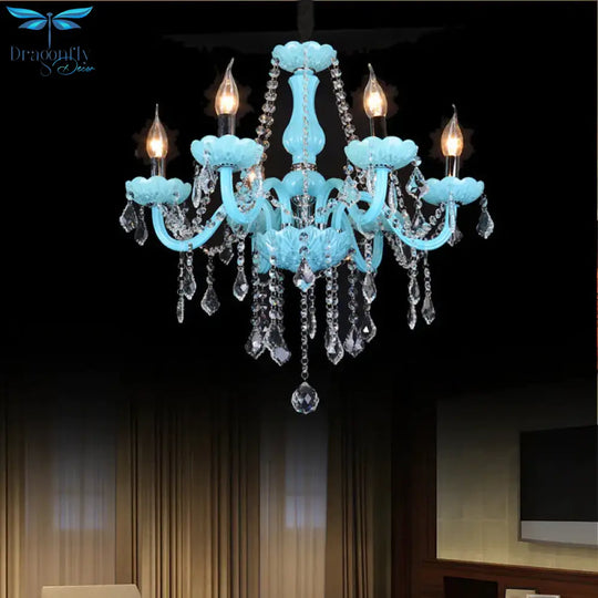 Blue Candle - Style Curved Arm Chandelier Clear Crystal Strands Ceiling Light