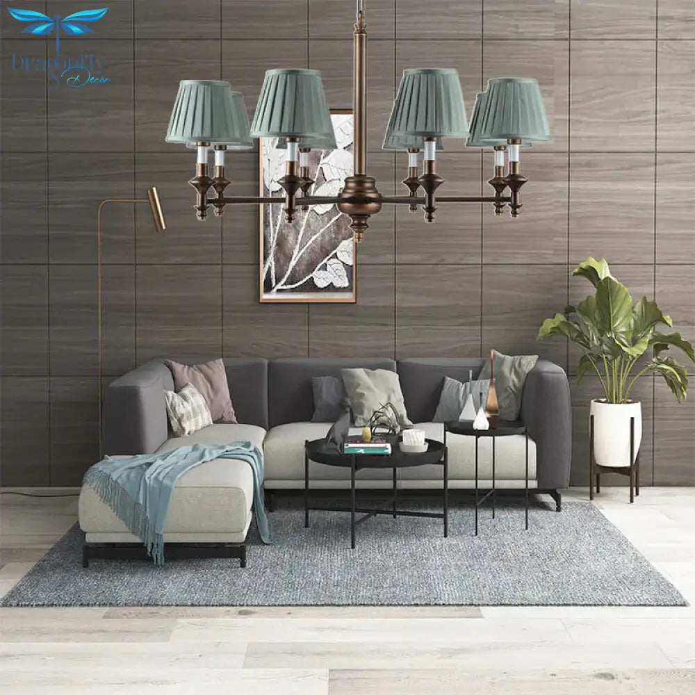 Blue Cone Pleated Shade Chandelier Light Fixture Nordic Fabric 6/8 Lights Living Room Hanging