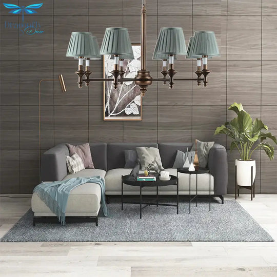 Blue Cone Pleated Shade Chandelier Light Fixture Nordic Fabric 6/8 Lights Living Room Hanging