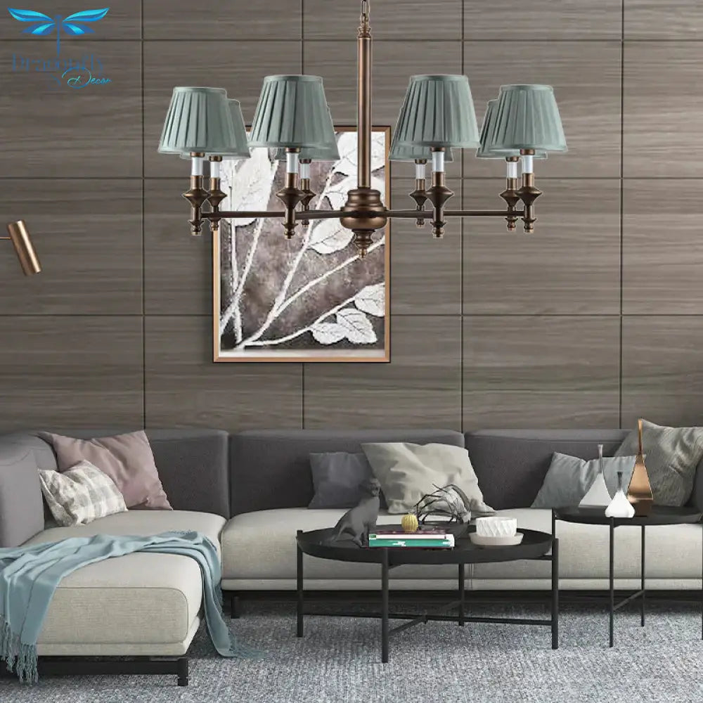 Blue Cone Pleated Shade Chandelier Light Fixture Nordic Fabric 6/8 Lights Living Room Hanging