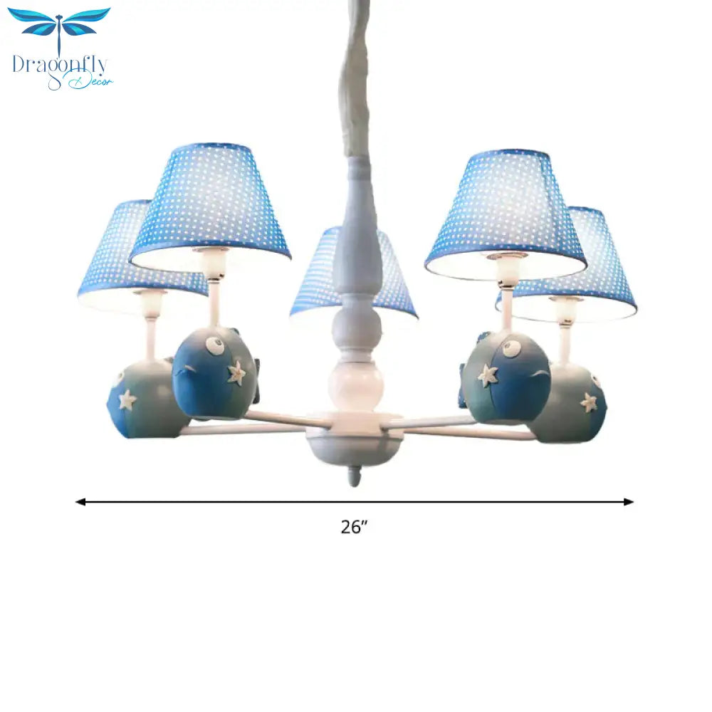 Blue Dot Shade Chandelier With Fish 5 Bulbs Modern Style Metal Hanging Light For Study Room