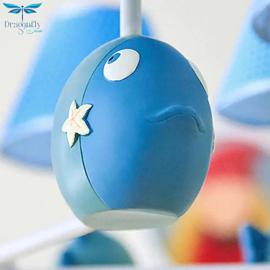 Blue Dot Shade Chandelier With Fish 5 Bulbs Modern Style Metal Hanging Light For Study Room