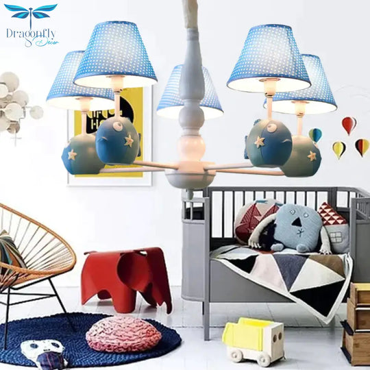 Blue Dot Shade Chandelier With Fish 5 Bulbs Modern Style Metal Hanging Light For Study Room