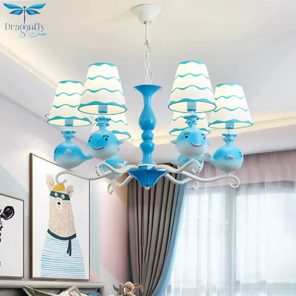 Blue/Pink Whale Shaped Chandelier Light Cartoon 6 Heads Resin Radial Pendant Lamp Fixture With Cone