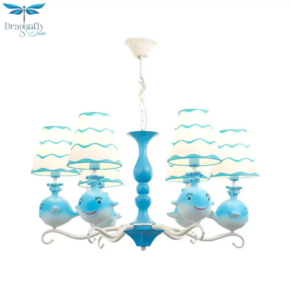 Blue/Pink Whale Shaped Chandelier Light Cartoon 6 Heads Resin Radial Pendant Lamp Fixture With Cone