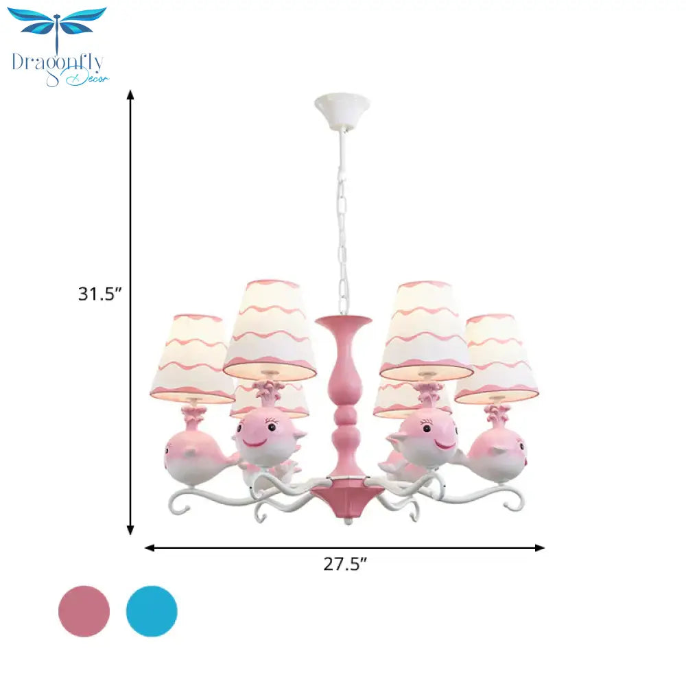 Blue/Pink Whale Shaped Chandelier Light Cartoon 6 Heads Resin Radial Pendant Lamp Fixture With Cone