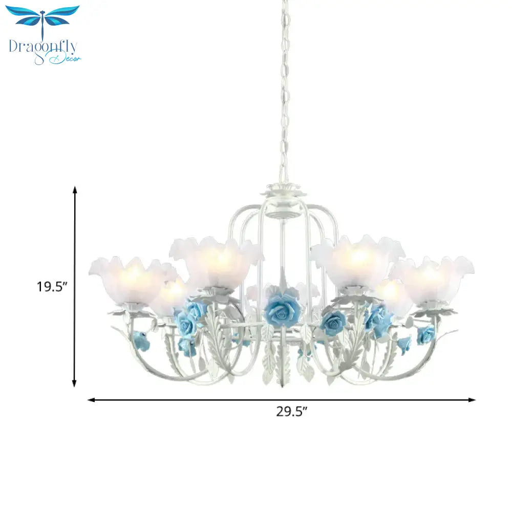Blue Rose Hanging Pendant Korean Garden White Glass 7 Bulbs Living Room Ceiling Chandelier