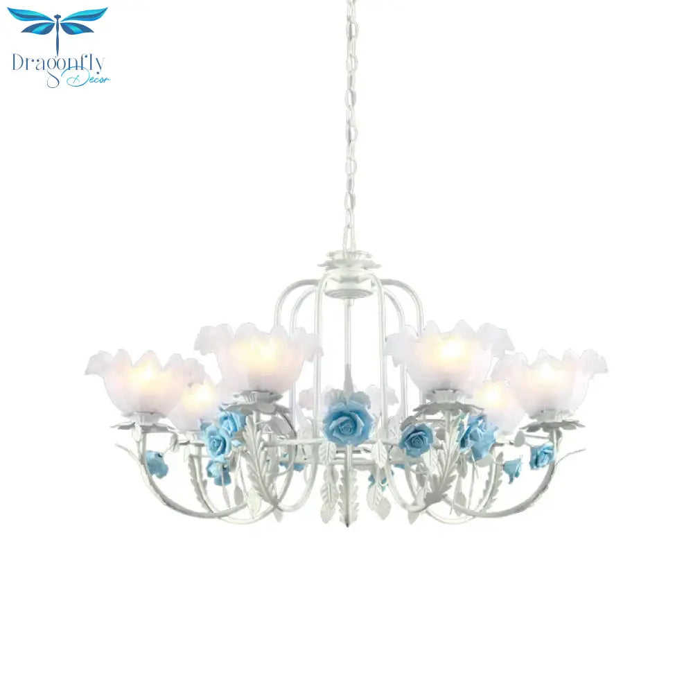 Blue Rose Hanging Pendant Korean Garden White Glass 7 Bulbs Living Room Ceiling Chandelier