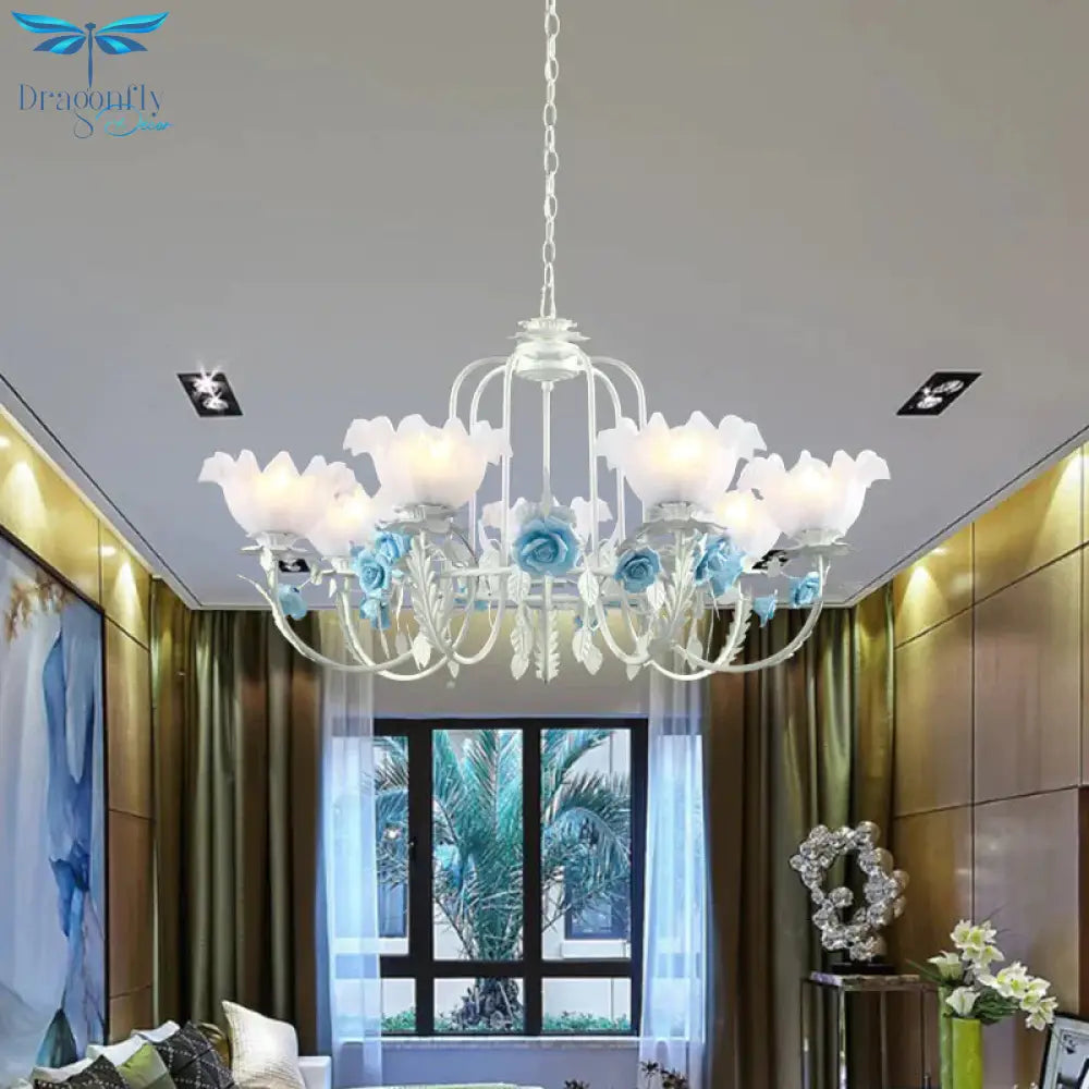 Blue Rose Hanging Pendant Korean Garden White Glass 7 Bulbs Living Room Ceiling Chandelier