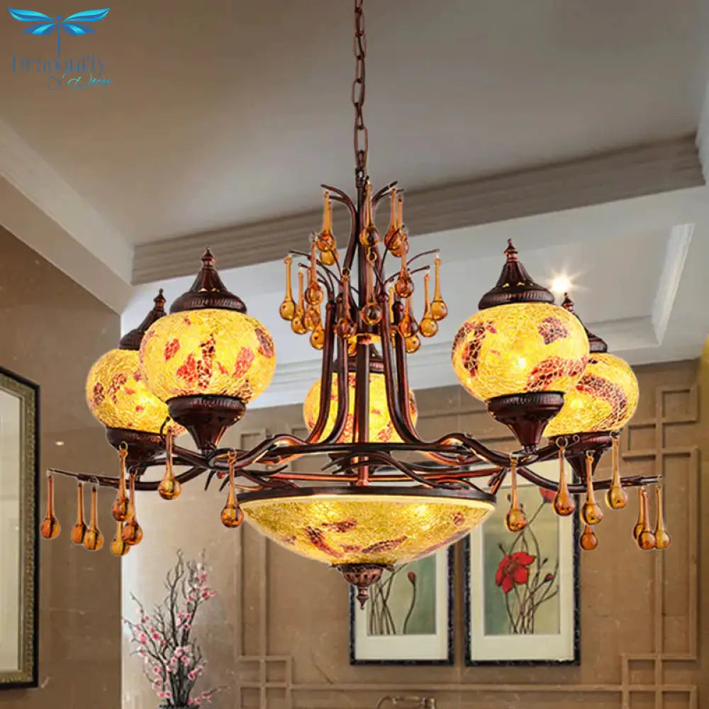 Blue/Yellow 8 Lights Chandelier Lighting Fixture Moroccan Stained Glass Globe Hanging Ceiling Light