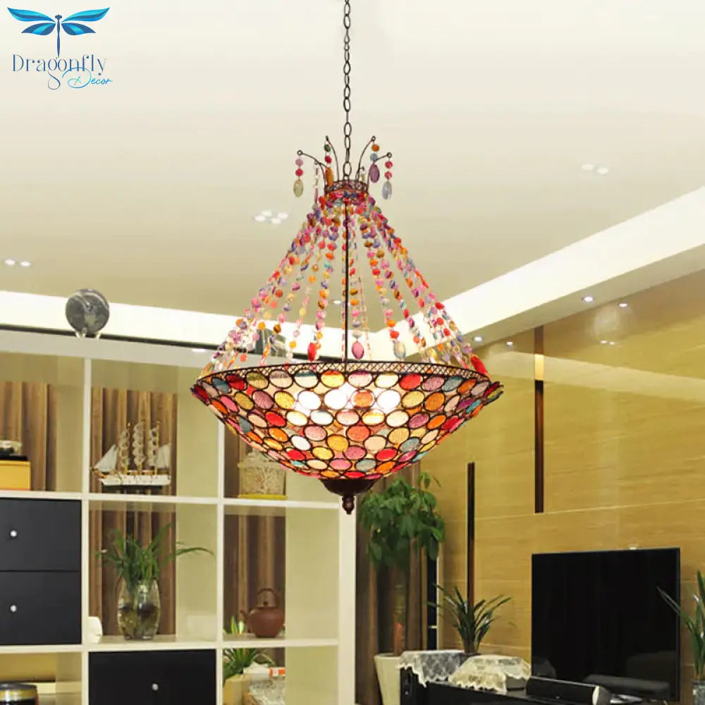 Bohemia Antique Copper Pendant Lighting With Bowl Shade 1/3/5 - Bulb Crystal Ceiling Hanging Light