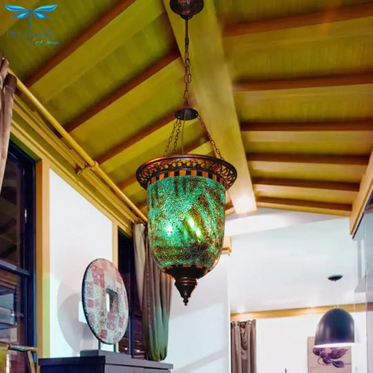 Bohemian Urn Chandelier Light 2 Bulbs Stained Art Glass Pendant Lighting Fixture In Blue For